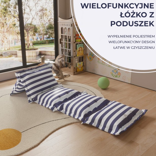 Wielofunkcyjna Sofa z Poduszek Podłogowych, detale produktu, aranżacja w pokoju dziecięcym.