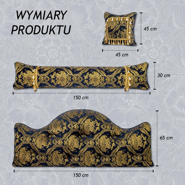 Królewski Zestaw Wygodnych Poduszek z Motywem Kwiatowym złoty. Wymiary produktu.