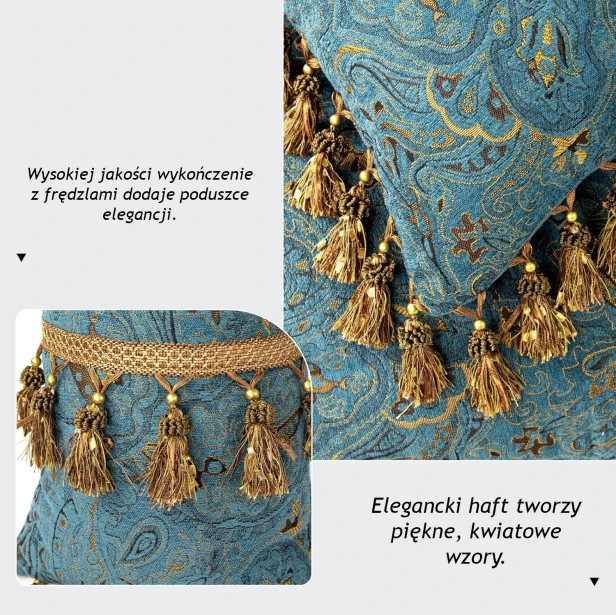 Królewski Zestaw Wygodnych Poduszek z Motywem Kwiatowym złoty. Detale wykonania.