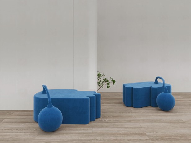 Nowoczesna Niebieska  Pufa, aranżacja w salonie.