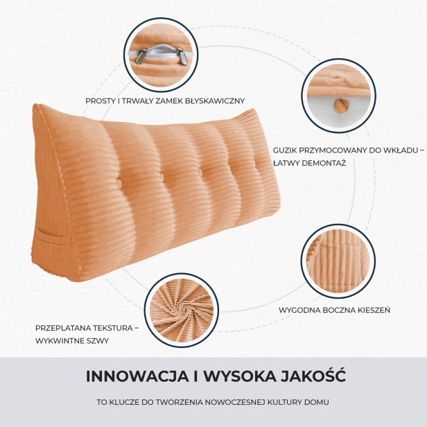 Trójkątna Poduszka Sztruksowa Brzoskwiniowa, detale produktu.