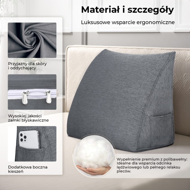 Poduszka Lniana Trójkątna Szary Melanż, materiał i szczegóły produktu.