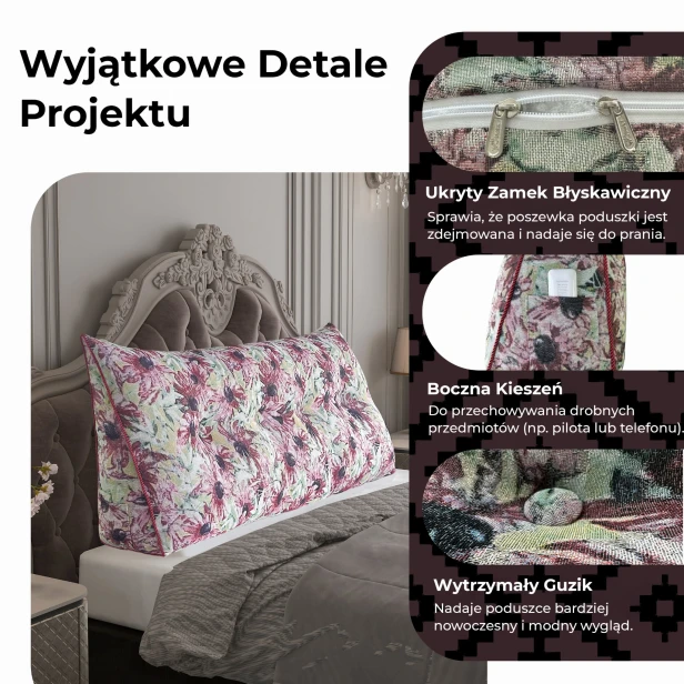 Różowa Poduszka Żakardowa z Guzikami, detale  produktu
