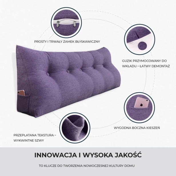Trójkątna Poduszka Lniana Fioletowa, detale produktu.