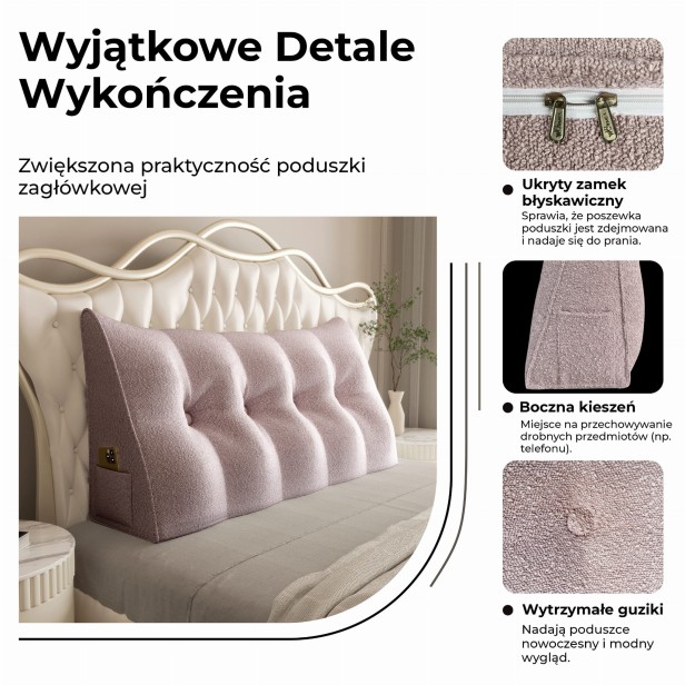 Trójkątna Poduszka Pluszowa Różowa, detale wykończenia.