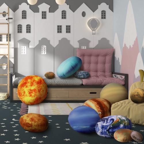 Zestaw Poduszek Planety 12 szt. , aranżacja w pokoju dziecięcym.