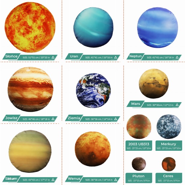 Zestaw Poduszek Planety 12 szt. rodzaje poduszek w zestawie.