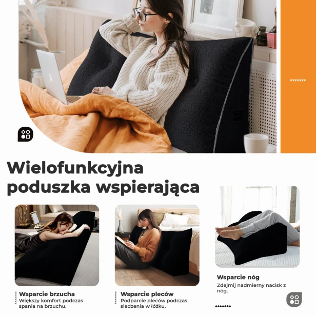 Trójkątna Poduszka Pluszowa Czarna, rodzaje wparcia.