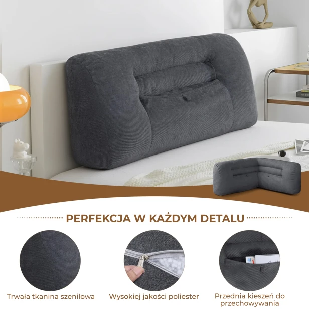 Prosta Poduszka Pod Plecy do Czytania w Łóżku z Kieszenią – Szara, detale produktu