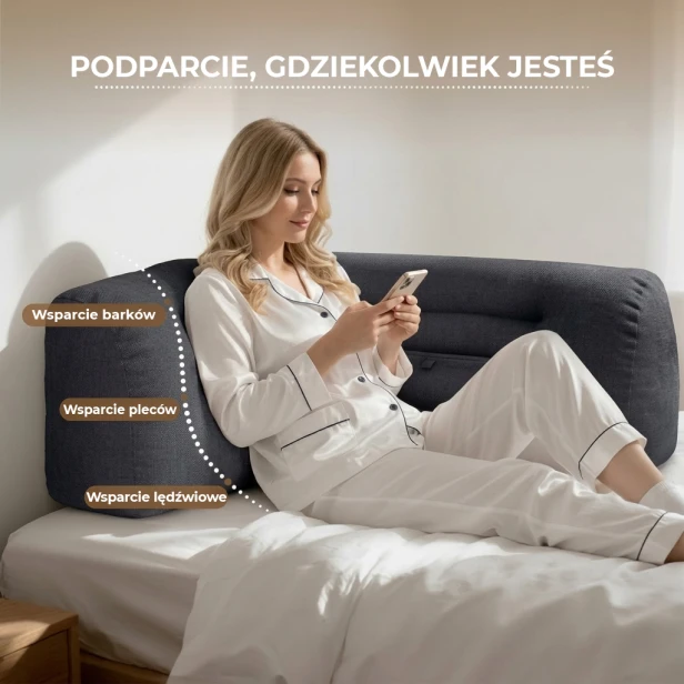 Narożna Poduszka Pod Plecy do Czytania w Łóżku z Kieszenią – Szara, rodzaje wsparcia