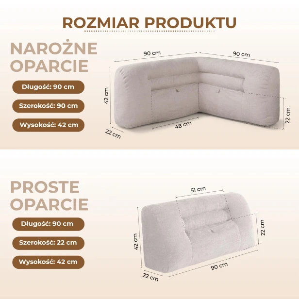 Narożna Poduszka Pod Plecy do Czytania w Łóżku z Kieszenią – beżowa, wymiary produktów