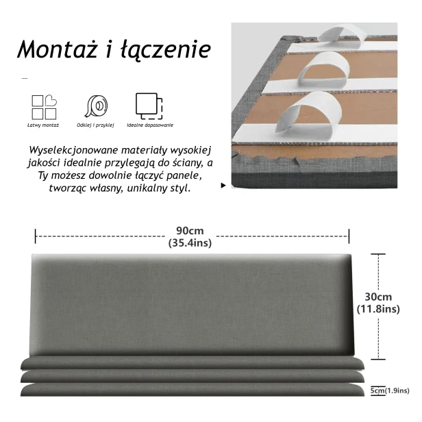 Panel Ścienny Samoprzylepny. Zagłówek szary. Montaż i łączenie.