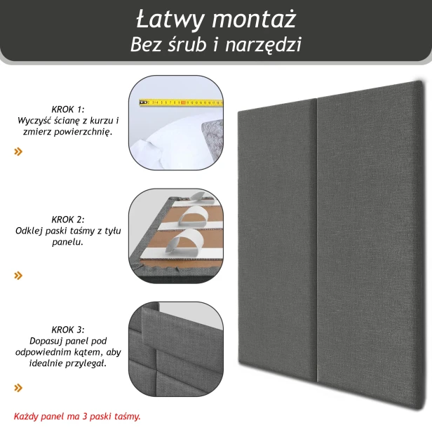 Panel Ścienny Samoprzylepny. Zagłówek szary. Montaż i łączenie.