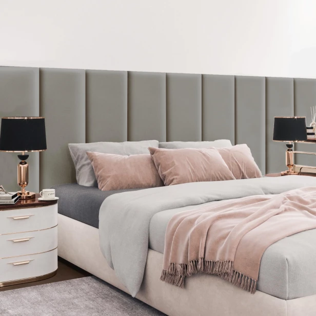 Wielofunkcyjny Panel Ochronny do Łóżka Szary. Aranżacja w sypialni za łóżkiem.