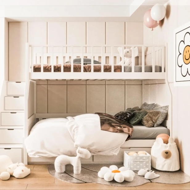 Wielofunkcyjny Panel Ochronny do Łóżka Beżowy. Aranżacja w pokoju dziecięcym za łóżkiem.