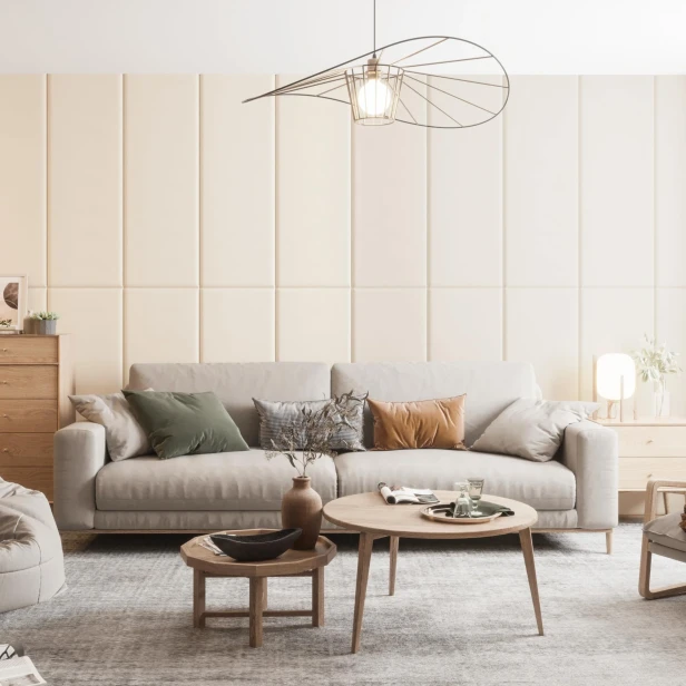 Wielofunkcyjny Panel Ochronny do Łóżka Beżowy. Aranżacja w salonie za kanapą.