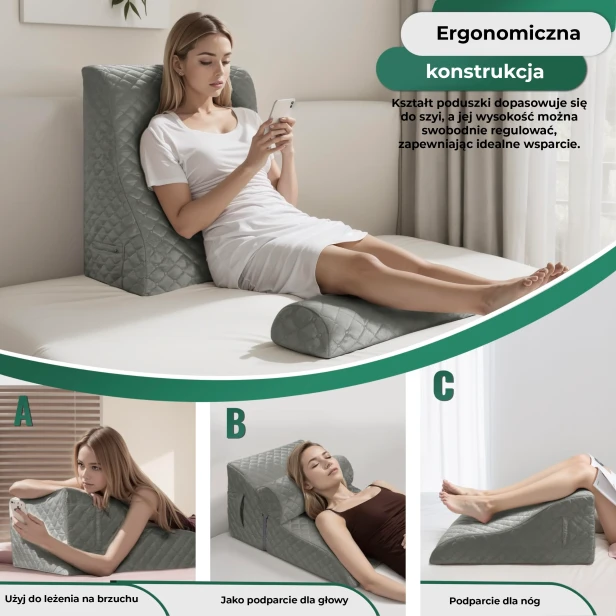 Poduszka do Czytania Ortopedyczna – Szary Welur, schemat ilustrujący ergonomiczną konstrukcję.