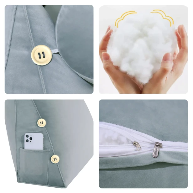 Modułowy Zagłówek z Wałkiem – Szary Welur, detale.