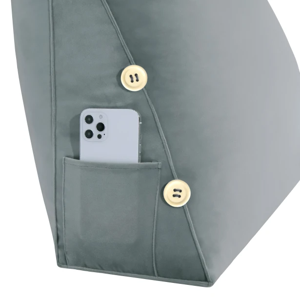 Modułowy Zagłówek z Wałkiem – Szary Welur zbliżenie na guziki i kieszeń na telefon.